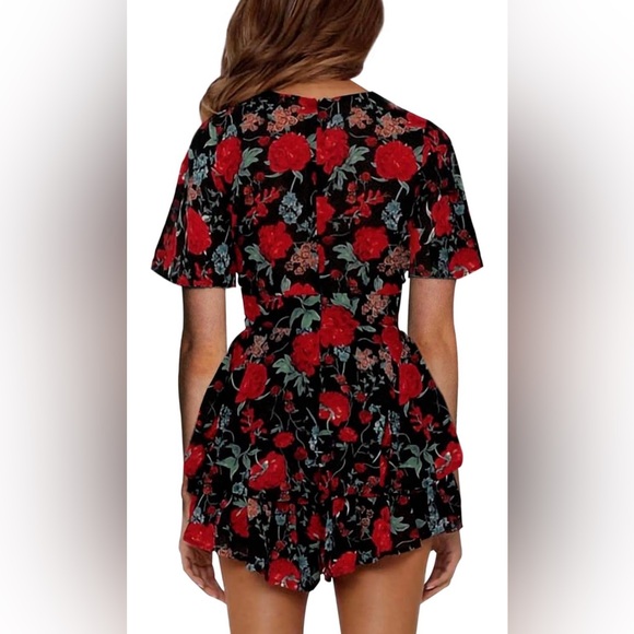 Chic Floral V-Neck Mini Dress - Red and Black - Picture 2 of 8
